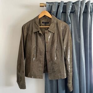 Revue Green Snakeskin Lizard Shiny 100% Leather Jacket Button Up Luxury Coat